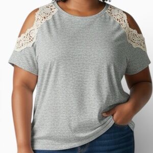 Wishful Park Gray Top with Cream Lace Shoulders